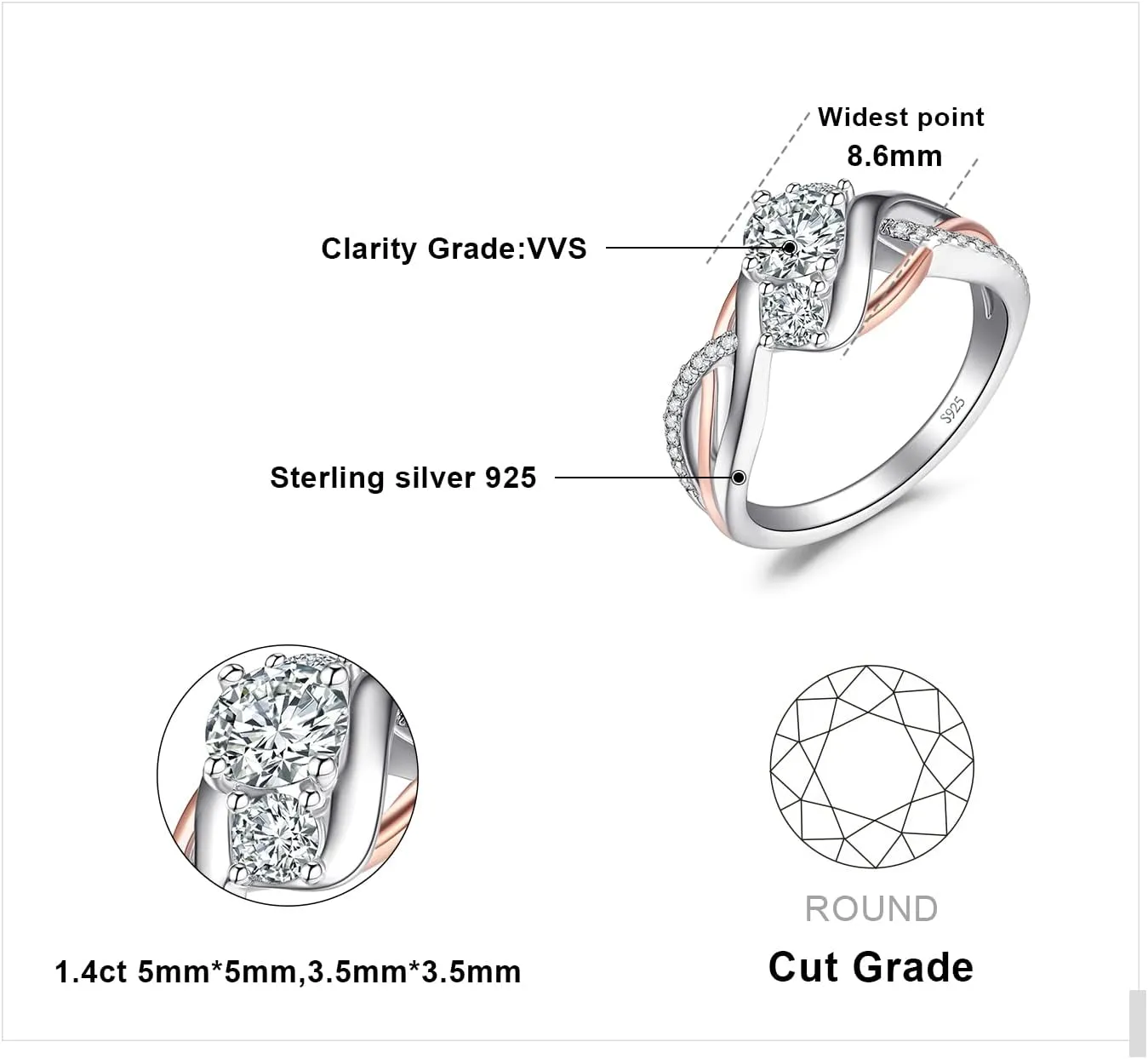 JewelryPalace Infinity Twisted Cubic Zirconia 3 Stones Engagement Ring for Women, Love Knot 925 Sterling Silver 14K Rose Gold Promise Ring for her, Wave Simulated Diamond CZ Anniversary Ring 7