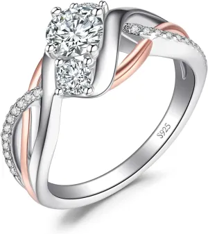 JewelryPalace Infinity Twisted Cubic Zirconia 3 Stones Engagement Ring for Women, Love Knot 925 Sterling Silver 14K Rose Gold Promise Ring for her, Wave Simulated Diamond CZ Anniversary Ring 7