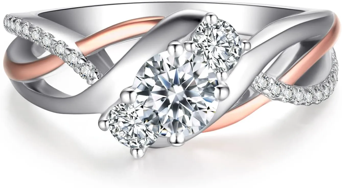 JewelryPalace Infinity Twisted Cubic Zirconia 3 Stones Engagement Ring for Women, Love Knot 925 Sterling Silver 14K Rose Gold Promise Ring for her, Wave Simulated Diamond CZ Anniversary Ring 7