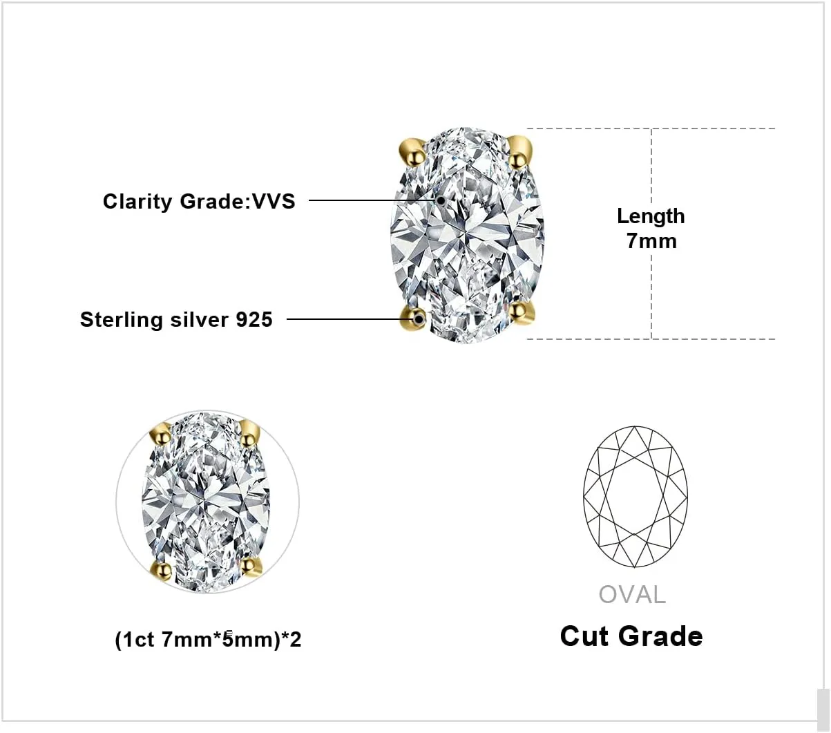 JewelryPalace Oval Cut 2ct Moissanite Solitaire Stud Earrings for Women, 925 Sterling Silver 14k Gold Plated Earrings for Her, Classic Simulated Diamond Earrings VVS D-F