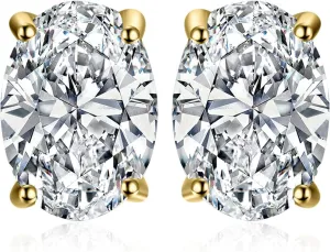 JewelryPalace Oval Cut 2ct Moissanite Solitaire Stud Earrings for Women, 925 Sterling Silver 14k Gold Plated Earrings for Her, Classic Simulated Diamond Earrings VVS D-F