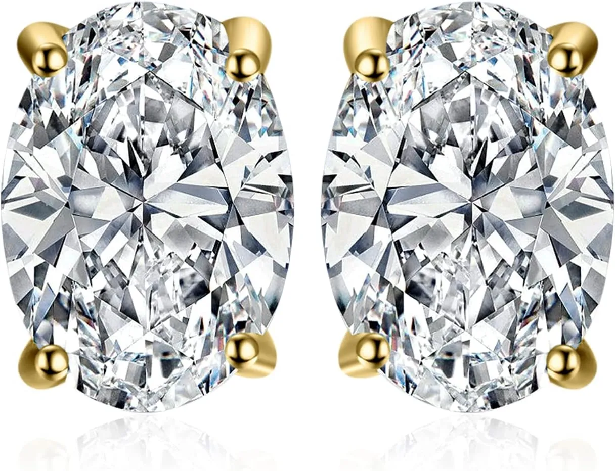 JewelryPalace Oval Cut 2ct Moissanite Solitaire Stud Earrings for Women, 925 Sterling Silver 14k Gold Plated Earrings for Her, Classic Simulated Diamond Earrings VVS D-F