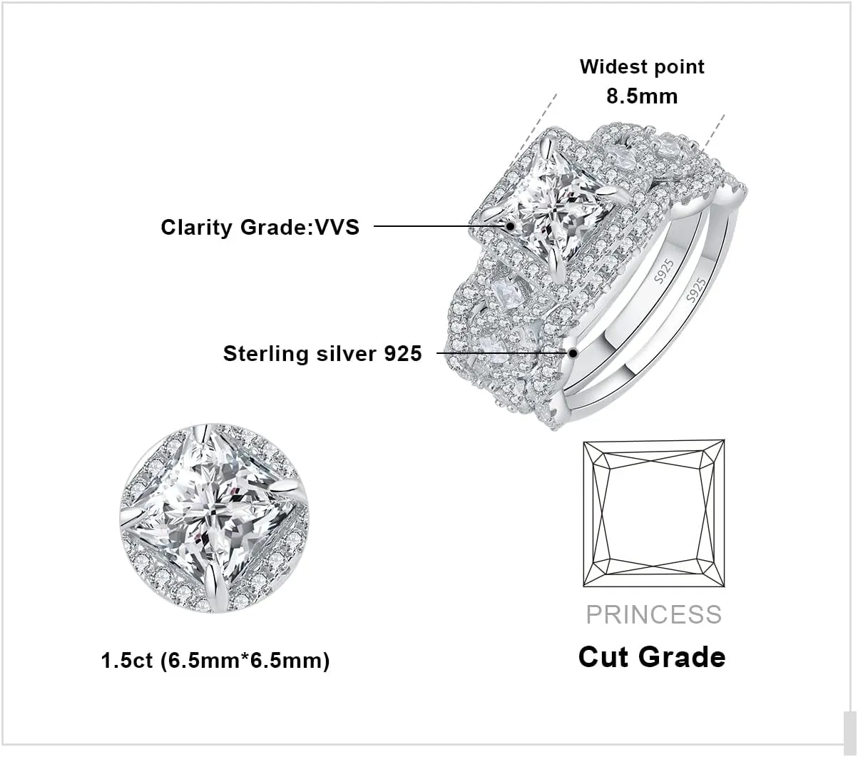 JewelryPalace Princess Cut 1.5ct Cubic Zirconia Engagement Rings for Women, 925 Sterling Silver 14K Gold Promise Ring for her, Infinitiy Twist Simulated Diamond Anniversary Wedding Band Bridal Sets