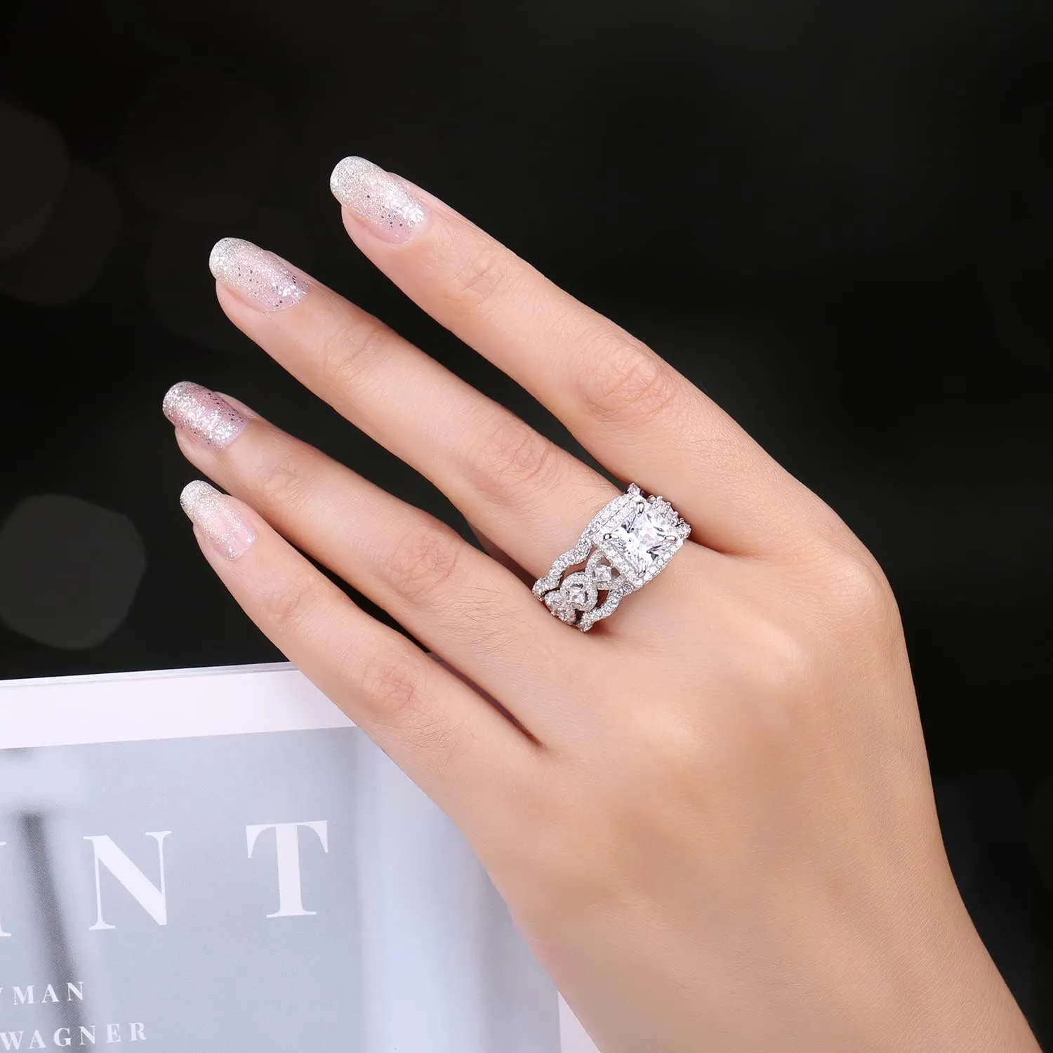 JewelryPalace Princess Cut 1.5ct Cubic Zirconia Engagement Rings for Women, 925 Sterling Silver 14K Gold Promise Ring for her, Infinitiy Twist Simulated Diamond Anniversary Wedding Band Bridal Sets