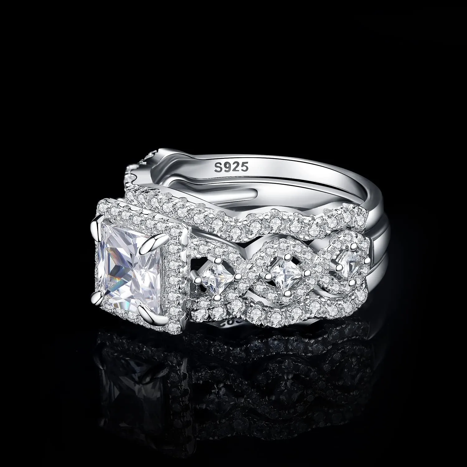 JewelryPalace Princess Cut 1.5ct Cubic Zirconia Engagement Rings for Women, 925 Sterling Silver 14K Gold Promise Ring for her, Infinitiy Twist Simulated Diamond Anniversary Wedding Band Bridal Sets
