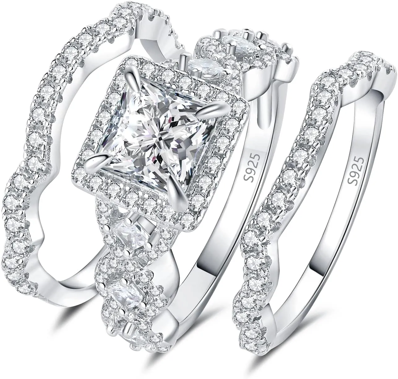 JewelryPalace Princess Cut 1.5ct Cubic Zirconia Engagement Rings for Women, 925 Sterling Silver 14K Gold Promise Ring for her, Infinitiy Twist Simulated Diamond Anniversary Wedding Band Bridal Sets