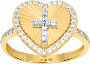 JewelryWeb 14k Two tone Gold Womens CZ Simulated Diamond Religious Faith Cross Love Heart Ring 14.4x14.5mm Wide Statement-Ring for Women