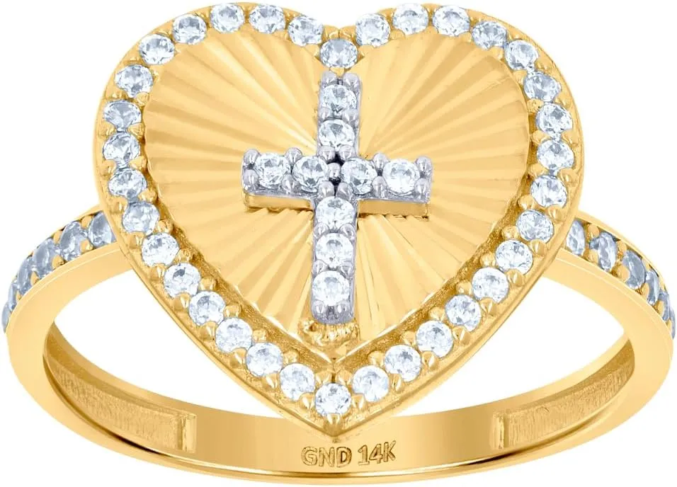 JewelryWeb 14k Two tone Gold Womens CZ Simulated Diamond Religious Faith Cross Love Heart Ring 14.4x14.5mm Wide Statement-Ring for Women