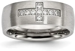JewelryWeb 7.75mm Stainless Steel Brushed CZ Simulated Diamond Religious Faith Cross Ring Size 8 Band Style-Ring for Women
