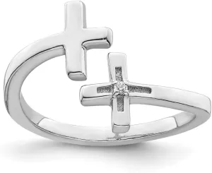 JewelryWeb 925 Sterling Silver Rhodium Plated CZ Simulated Diamond Double Religious Faith Cross Adjustable Ring Band Style-Ring for Women