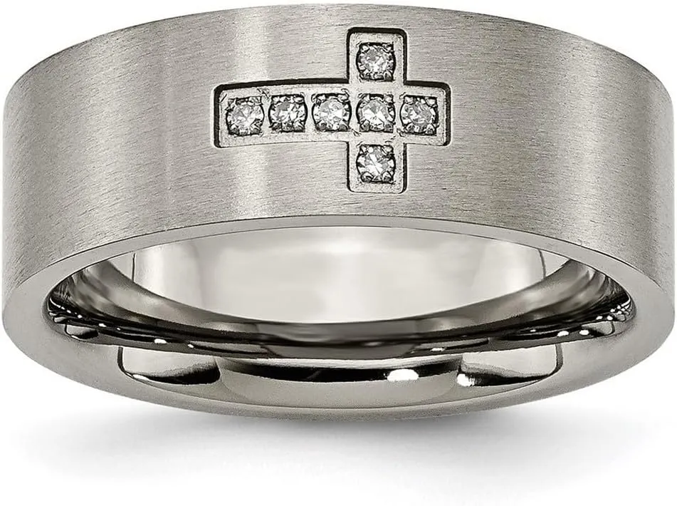 JewelryWeb Titanium Brushed 0.07ct. Tw. Diamond Religious Faith Cross Flat Band Ring Size 9.5 8mm Wide-Band Style-Ring for Women and Men