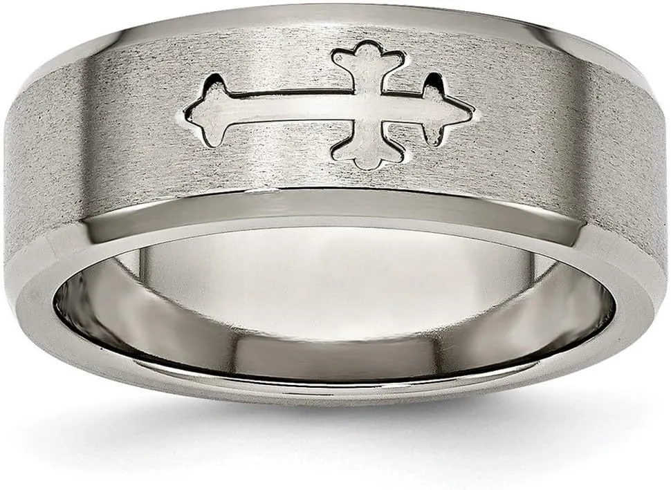 JewelryWeb Titanium Religious Faith Cross Design 8mm Satin Beveled Edge Band Ring Size 12.5-Band Style-Ring for Women and Men