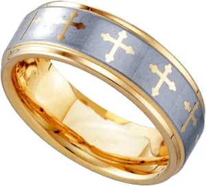 JewelryWeb Tungsten Two tone Brushed Center Irish Claddagh Celtic Trinity Knot Religious Faith Cross Step Edge Mens Comfort-Fit 8mm Wedding Anniver Ring for Men