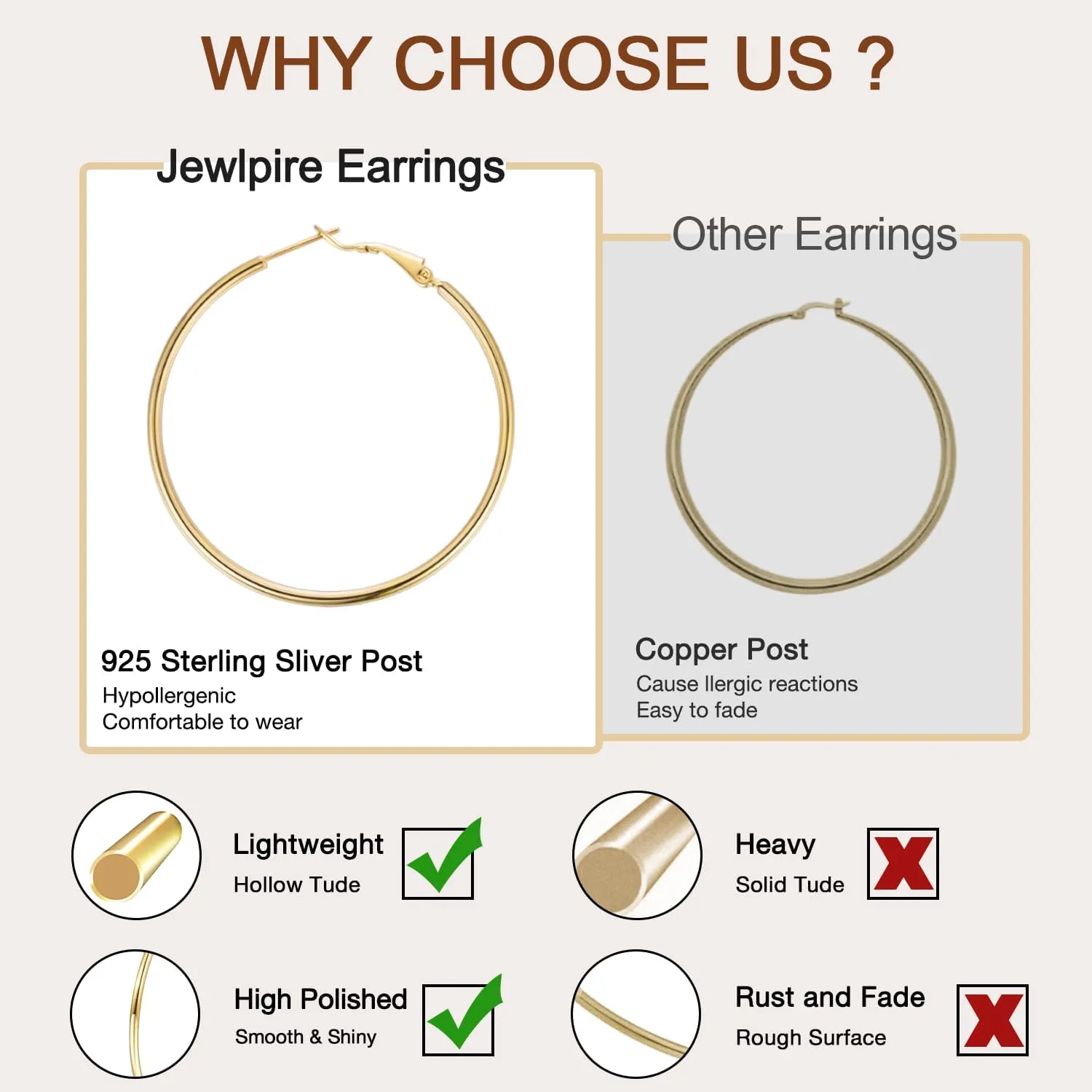 Jewlpire 14K Gold Plated 925 Sterling Sliver Post Hoop Earrings, 2MM Thick Hoop earrings Lightweight Large Gold Hoop Earrings for Women Trendy 20/30/40/50/60/70mm