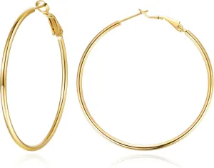 Jewlpire 14K Gold Plated 925 Sterling Sliver Post Hoop Earrings, 2MM Thick Hoop earrings Lightweight Large Gold Hoop Earrings for Women Trendy 20/30/40/50/60/70mm