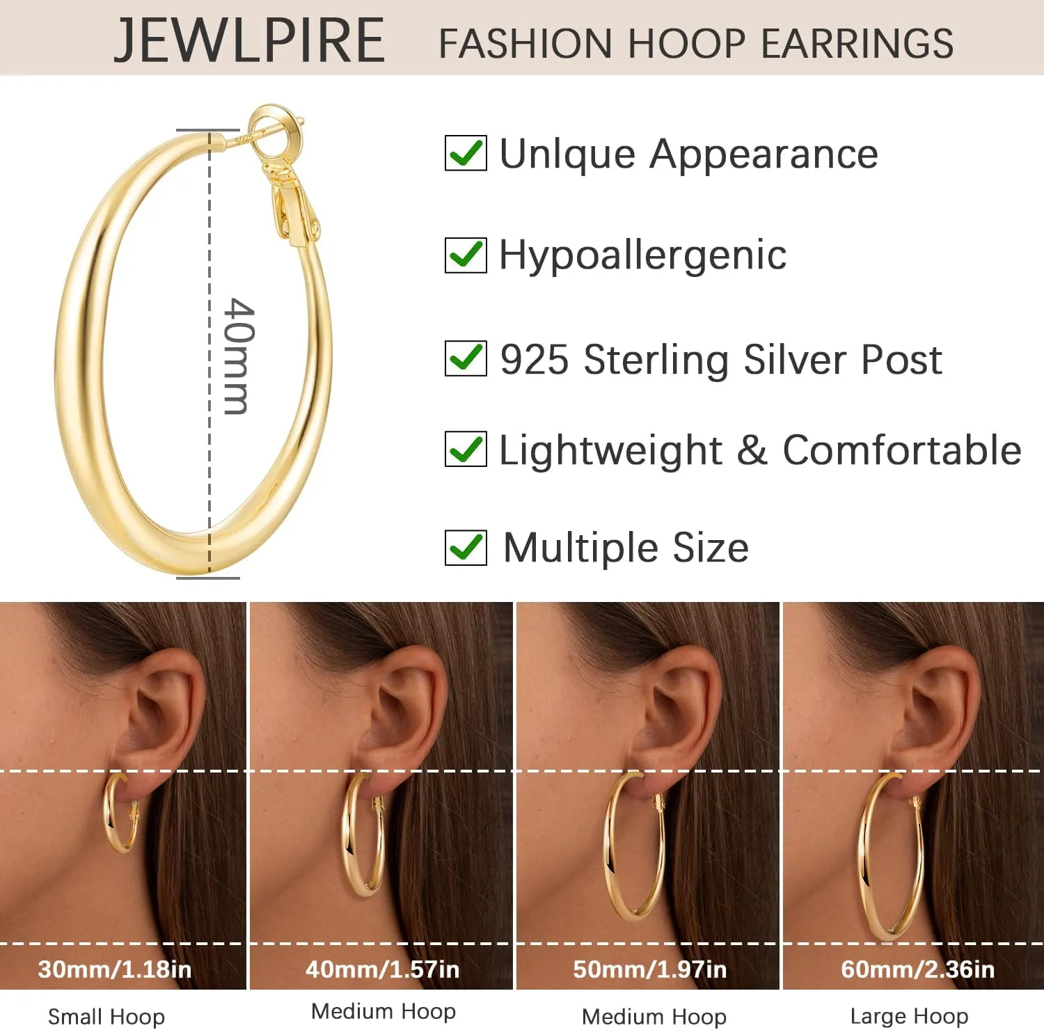 Jewlpire Gifts for Women 14K Gold Plated Hoop Earrings with 925 Stering Silver Post, Lightweight & Hypoallergenic Gold/Silver/Rose Gold Hoop Earrings for Women 30mm/40mm/50mm/60mm