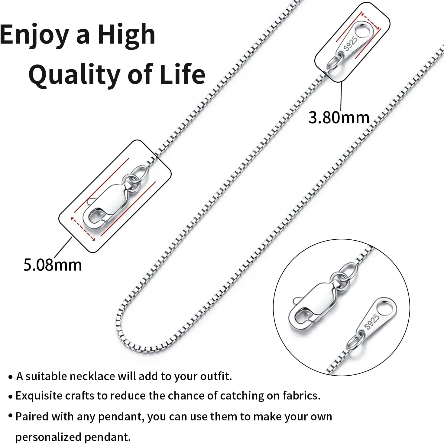 Jewlpire Solid 18K Gold Over 925 Sterling Silver Chain Necklace for Women Girls, 0.8mm Box Chain Lobster Claw Clasp-Super Thin & Strong Necklace Chain 16/18/20/22/24 Inch