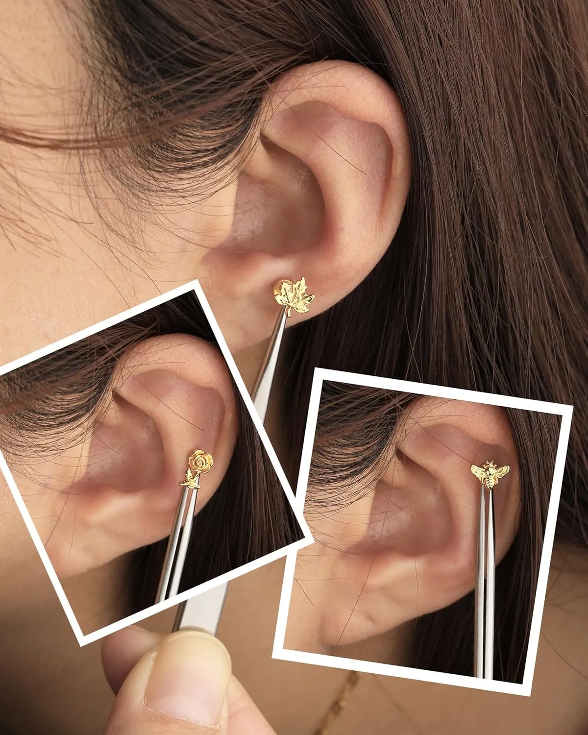 Jewseen 3Pcs Bee Cartilage Earrings 16g Internally Threaded Conch Piercing Jewelry 316L Stainless Steel Helix Earring Gold Rose Tragus Studs Leaf Lip Ring for Women Men