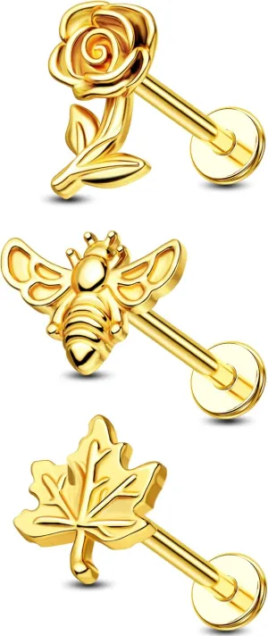 Jewseen 3Pcs Bee Cartilage Earrings 16g Internally Threaded Conch Piercing Jewelry 316L Stainless Steel Helix Earring Gold Rose Tragus Studs Leaf Lip Ring for Women Men