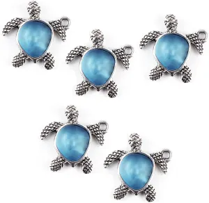 JGFinds Sea Glass Turtle Charm Pendants, 7/8"- 5 Pack of Blue and Silver Tone DIY Jewelry Making Supplies; Necklace or Bracelet Pendant, Beach Tortoise