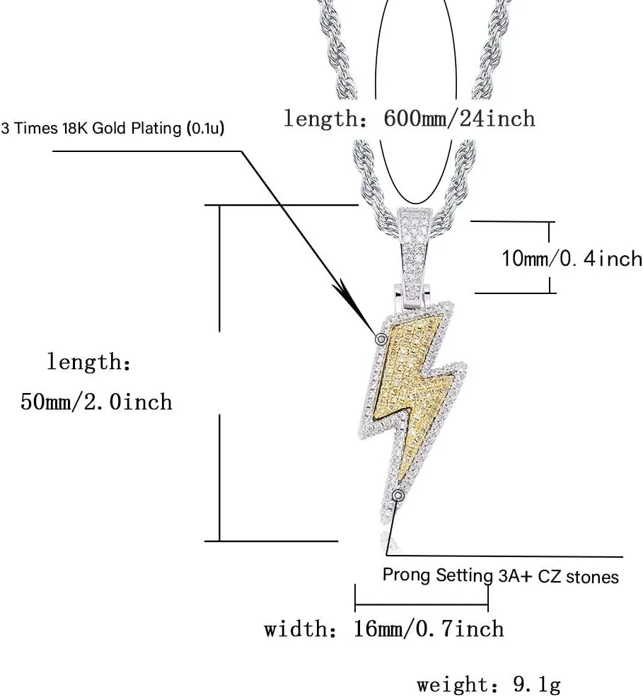 JINAO Hip Hop Lightning Bolt Design Pendant 18k Gold Plated Iced Out Cubic Zirconia Pendant Necklace with Micropave Simulated Diamond for Men Women