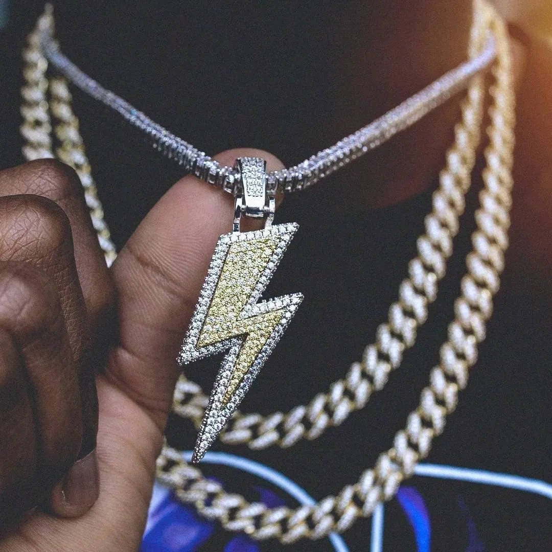 JINAO Hip Hop Lightning Bolt Design Pendant 18k Gold Plated Iced Out Cubic Zirconia Pendant Necklace with Micropave Simulated Diamond for Men Women