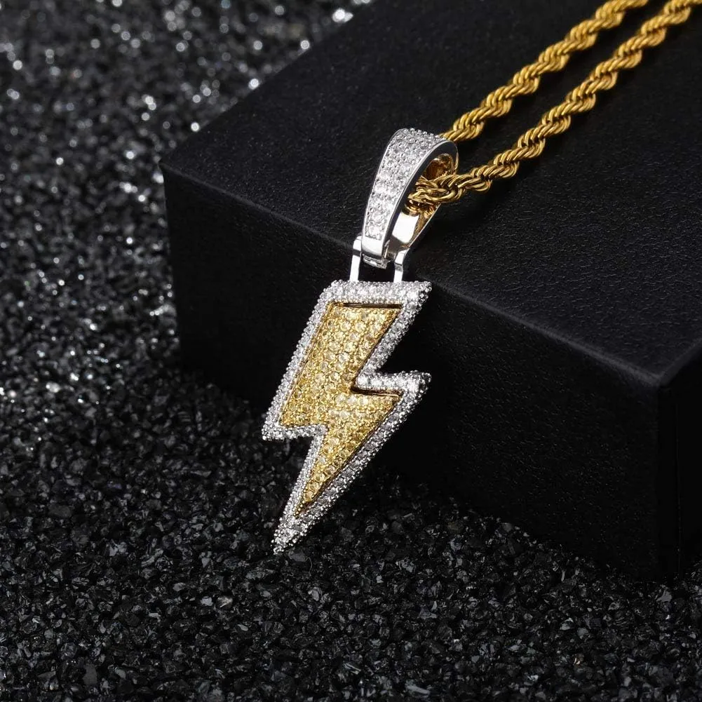 JINAO Hip Hop Lightning Bolt Design Pendant 18k Gold Plated Iced Out Cubic Zirconia Pendant Necklace with Micropave Simulated Diamond for Men Women