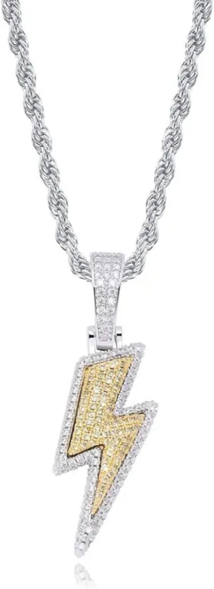 JINAO Hip Hop Lightning Bolt Design Pendant 18k Gold Plated Iced Out Cubic Zirconia Pendant Necklace with Micropave Simulated Diamond for Men Women