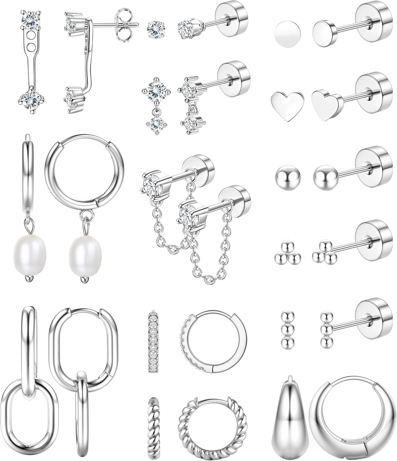 Jstyle 14K Gold Earrings Women Hypoallergenic Cartilage Earrings Set for Multiple Piercing Trendy Huggie Hoop Earring Lightweight Earring Stacks Small Cute Pearl CZ Studs Hoops Gold/Silver