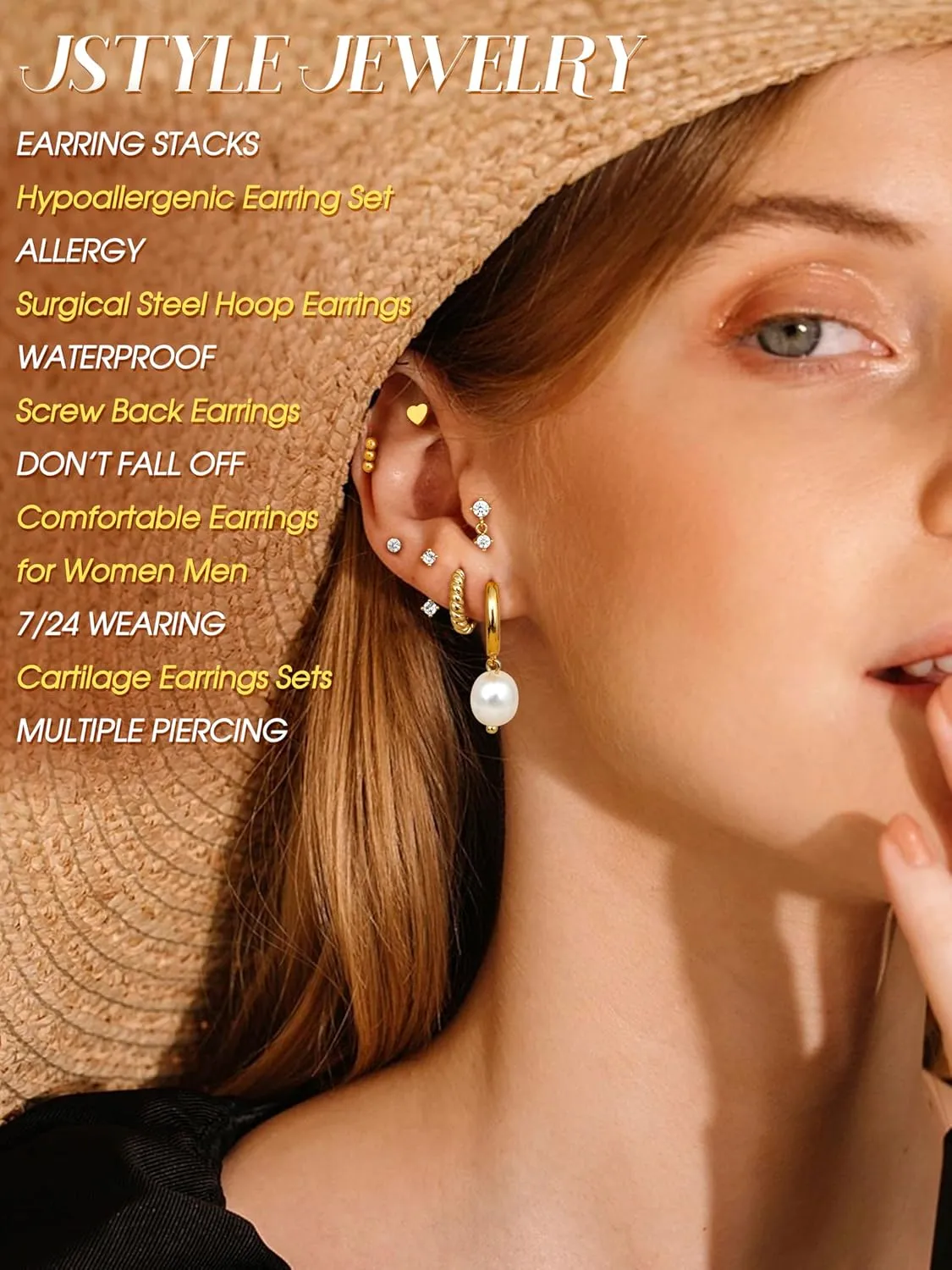 Jstyle 14K Gold Earrings Women Hypoallergenic Cartilage Earrings Set for Multiple Piercing Trendy Huggie Hoop Earring Lightweight Earring Stacks Small Cute Pearl CZ Studs Hoops Gold/Silver