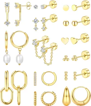 Jstyle 14K Gold Earrings Women Hypoallergenic Cartilage Earrings Set for Multiple Piercing Trendy Huggie Hoop Earring Lightweight Earring Stacks Small Cute Pearl CZ Studs Hoops Gold/Silver