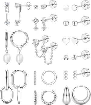 Jstyle 14K Gold Earrings Women Hypoallergenic Cartilage Earrings Set for Multiple Piercing Trendy Huggie Hoop Earring Lightweight Earring Stacks Small Cute Pearl CZ Studs Hoops Gold/Silver