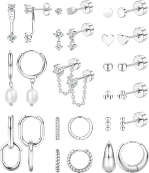 Jstyle 14K Gold Earrings Women Hypoallergenic Cartilage Earrings Set for Multiple Piercing Trendy Huggie Hoop Earring Lightweight Earring Stacks Small Cute Pearl CZ Studs Hoops Gold/Silver