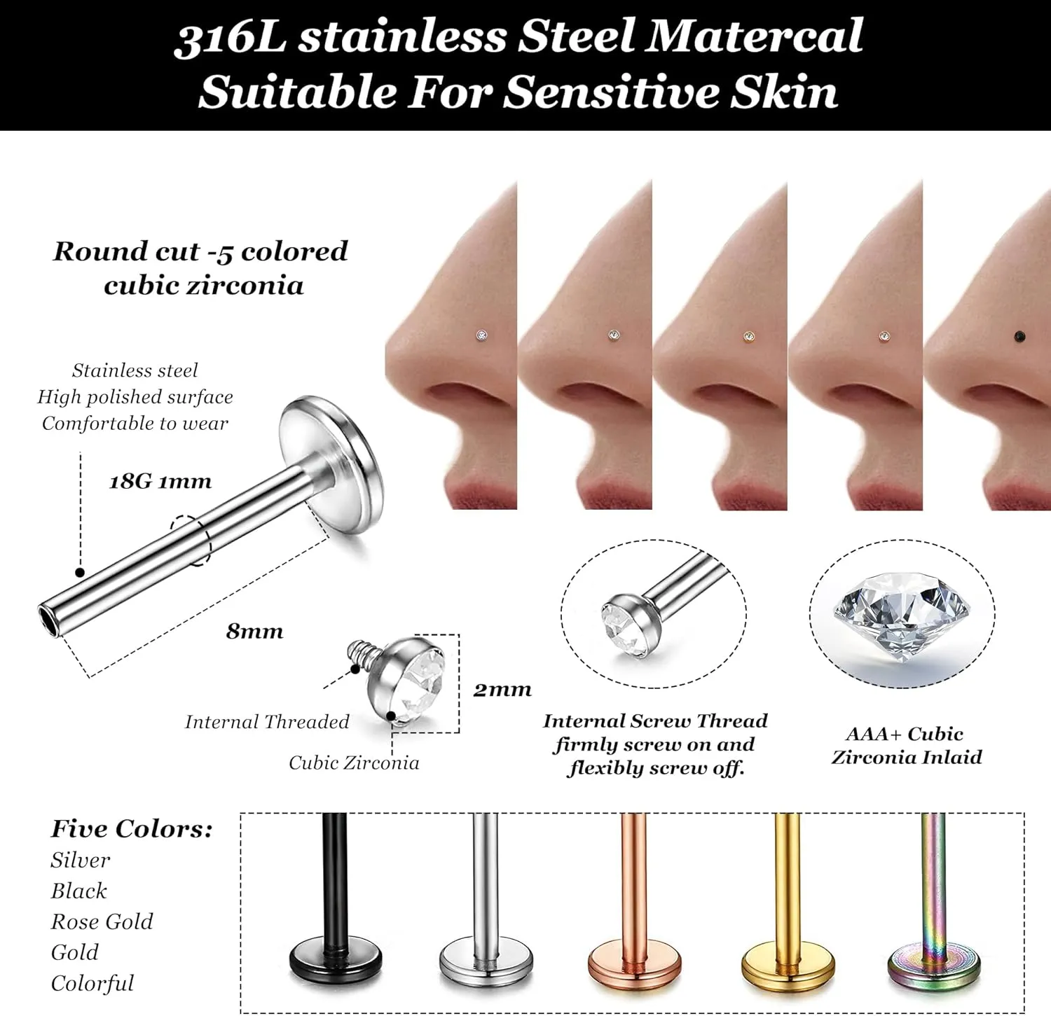 Kakonia 18 Gauge Nose Ring,Surgical Steel Nose Studs Tiny Nose Rings for Women CZ Nose Piercings Flat Back Cartilage Earring Lip Rings Internally Threaded Nose Stud Labret Tragus Piercing Jewelry