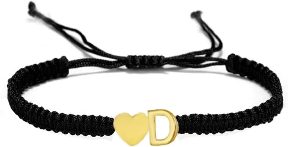 kelistom Initial Heart Bracelet, 18K Gold Plated Stainless Steel Tiny Heart Letter Black String Name Bracelets for Women Men Handmade Minimalist Jewelry Matching Couple Bracelets
