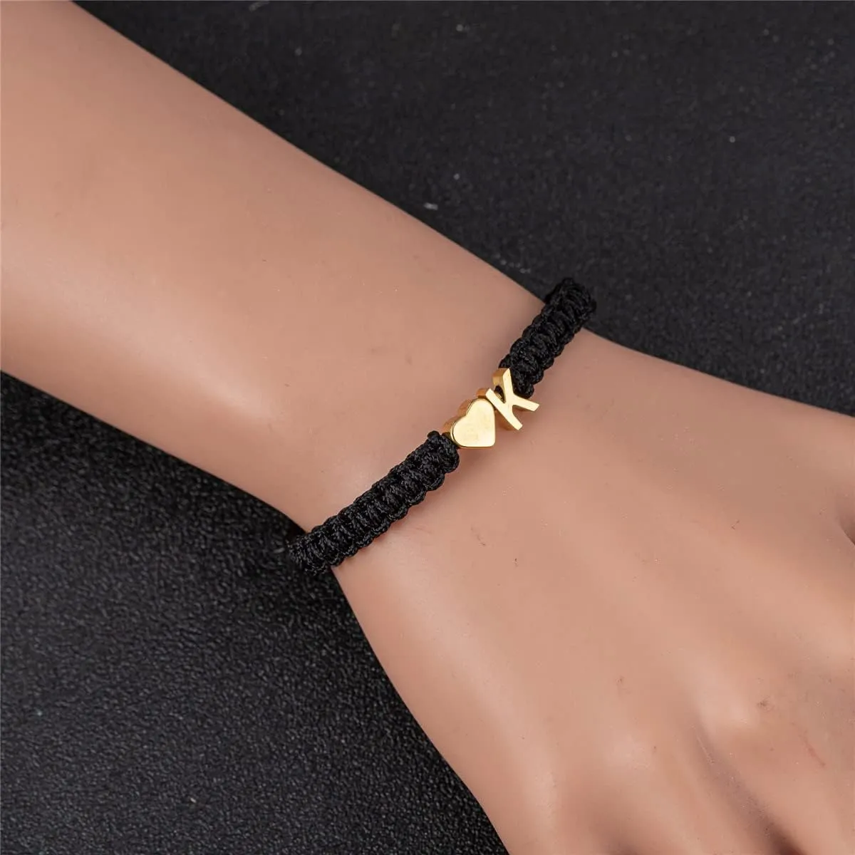 kelistom Initial Heart Bracelet, 18K Gold Plated Stainless Steel Tiny Heart Letter Black String Name Bracelets for Women Men Handmade Minimalist Jewelry Matching Couple Bracelets