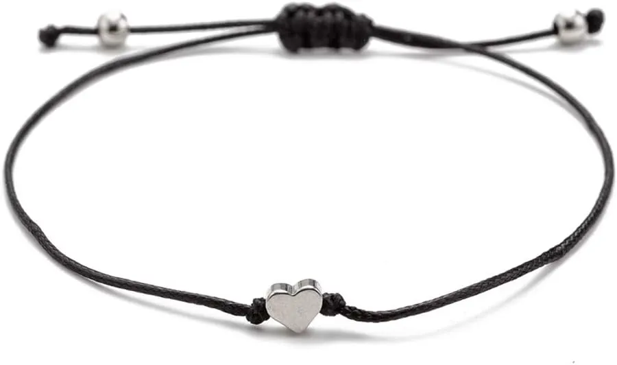 kelistom Red Black String Silver Gold Heart Charm Bracelets for Women Men Handmade Braided Wax Rope Adjustable Bracelet Friendship Jewelry