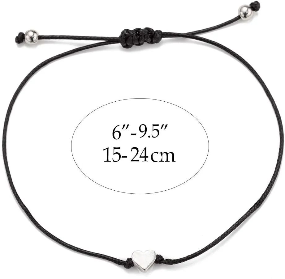 kelistom Red Black String Silver Gold Heart Charm Bracelets for Women Men Handmade Braided Wax Rope Adjustable Bracelet Friendship Jewelry