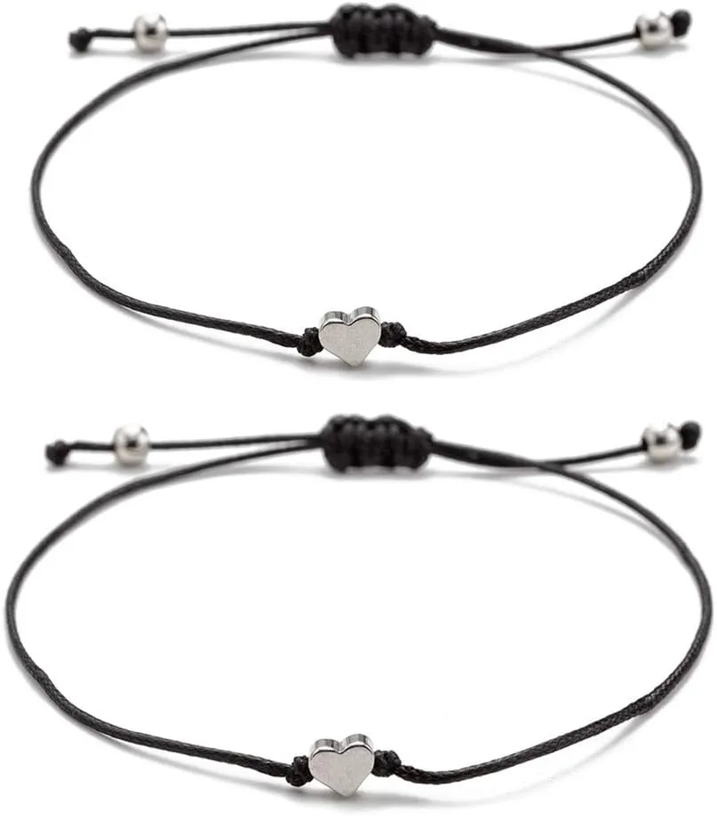 kelistom Red Black String Silver Gold Heart Charm Bracelets for Women Men Handmade Braided Wax Rope Adjustable Bracelet Friendship Jewelry