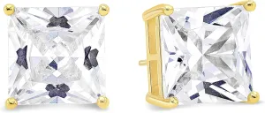 KEZEF Yellow Gold Plated Sterling Silver Stud Earrings | Square Princess Cut CZ Cubic Zirconia for Women and Men | Square Basket Setting Stud Earring | 10mm