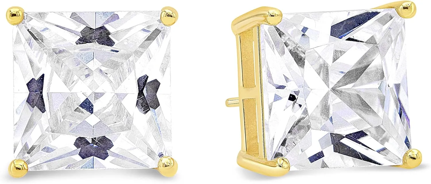 KEZEF Yellow Gold Plated Sterling Silver Stud Earrings | Square Princess Cut CZ Cubic Zirconia for Women and Men | Square Basket Setting Stud Earring | 10mm