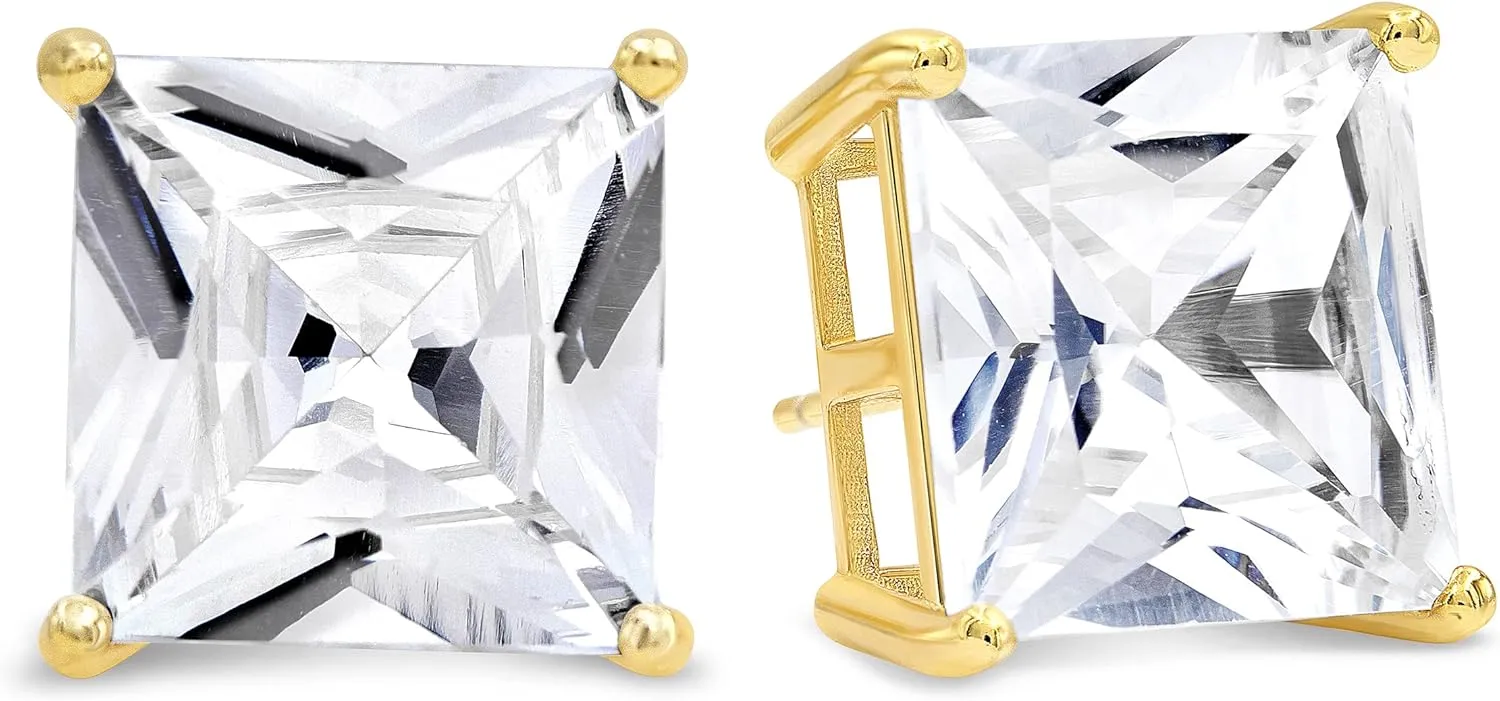 KEZEF Yellow Gold Plated Sterling Silver Stud Earrings | Square Princess Cut CZ Cubic Zirconia for Women, and Men | Square Basket Setting Stud Earring | 15mm
