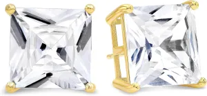 KEZEF Yellow Gold Plated Sterling Silver Stud Earrings | Square Princess Cut CZ Cubic Zirconia for Women, and Men | Square Basket Setting Stud Earring | 15mm