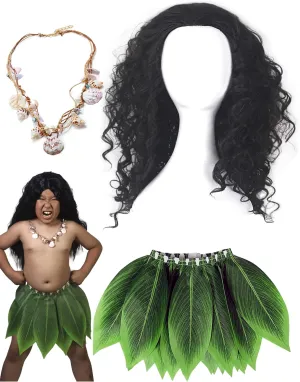 Kids Polynesi Heroes Costume Boys Hawaii Gods Wig Leaf Hula Skirt Tutu Shell Necklace for Halloween Cosplay 3-12Years