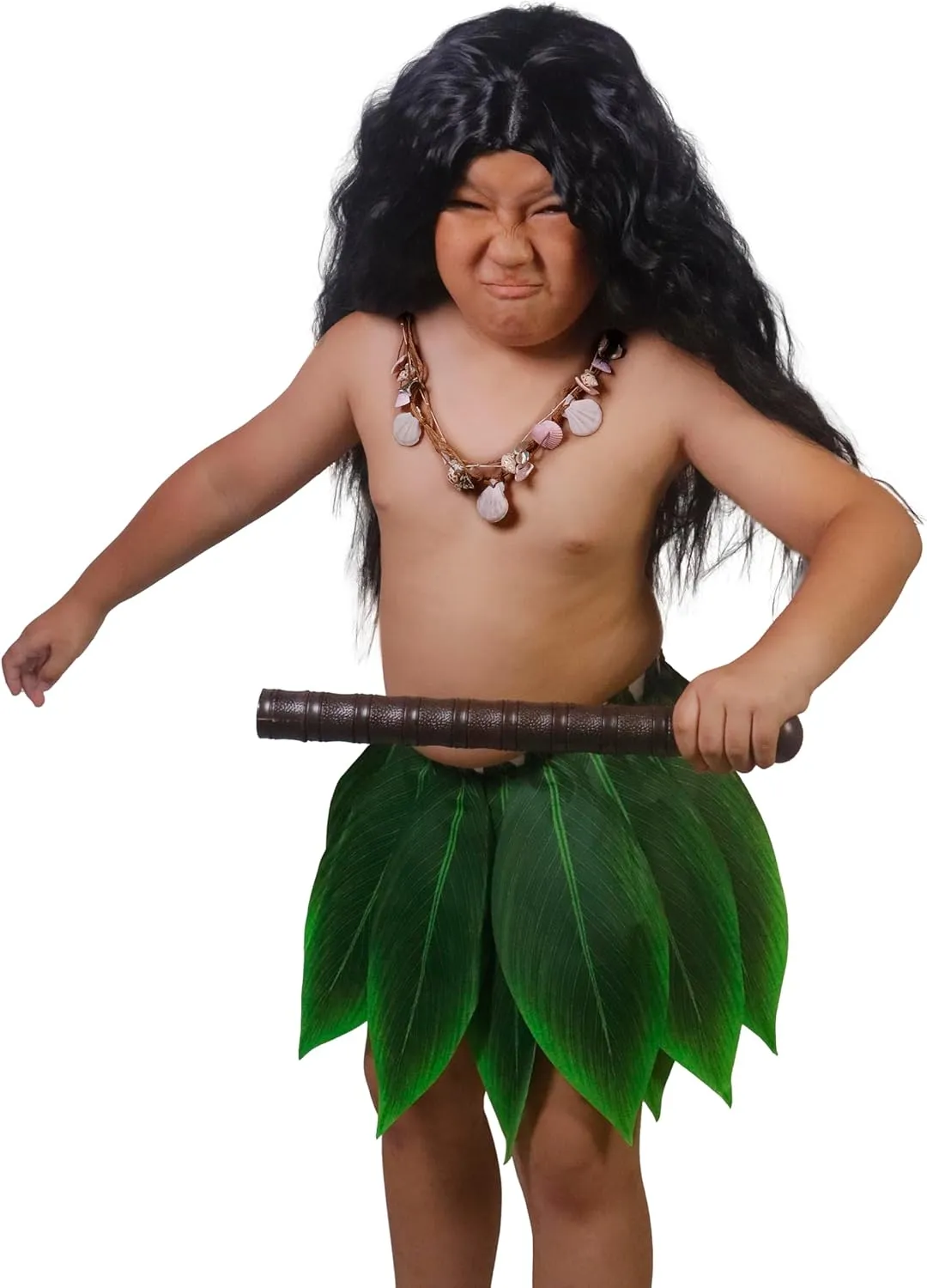 Kids Polynesi Heroes Costume Boys Hawaii Gods Wig Leaf Hula Skirt Tutu Shell Necklace for Halloween Cosplay 3-12Years