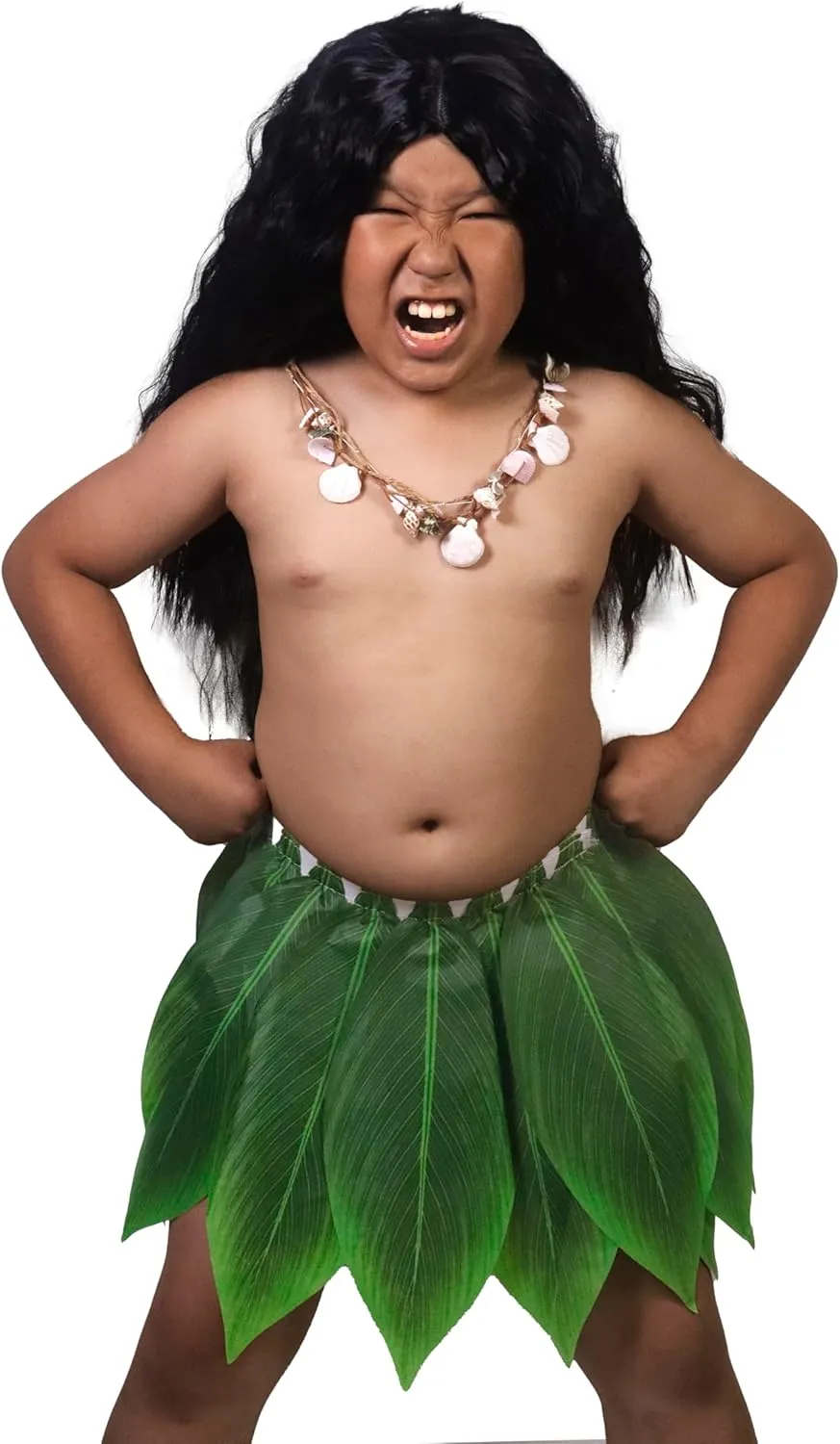 Kids Polynesi Heroes Costume Boys Hawaii Gods Wig Leaf Hula Skirt Tutu Shell Necklace for Halloween Cosplay 3-12Years