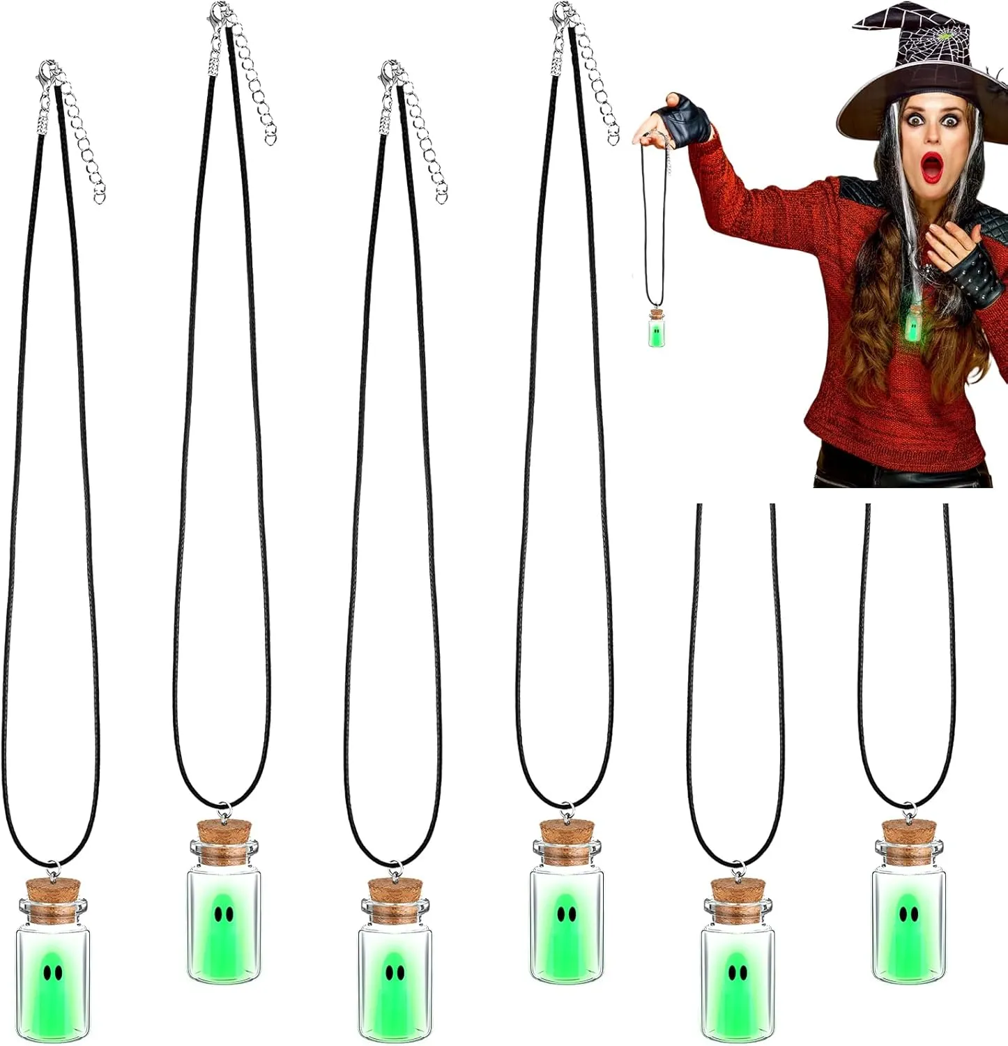 Kigeli 6 Pcs Halloween Necklace Ghost in a Bottle Pendant the Adopt a Ghost Glow in Dark Necklace Gift for Women Men