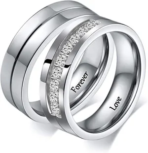 KnSam Couple Ring Set Wedding Ring Stainless Steel Simple Comfort Fit White Zircon Silver Ring Size 5-13