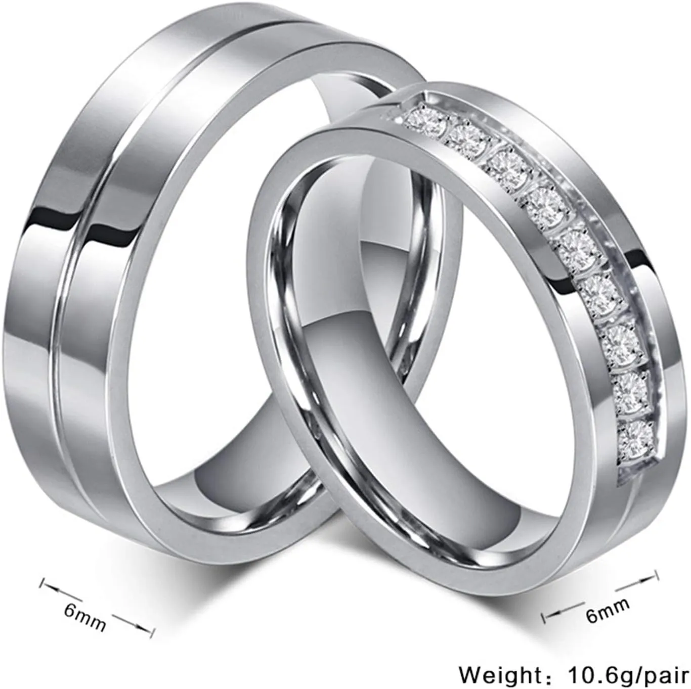 KnSam Couple Ring Set Wedding Ring Stainless Steel Simple Comfort Fit White Zircon Silver Ring Size 5-13
