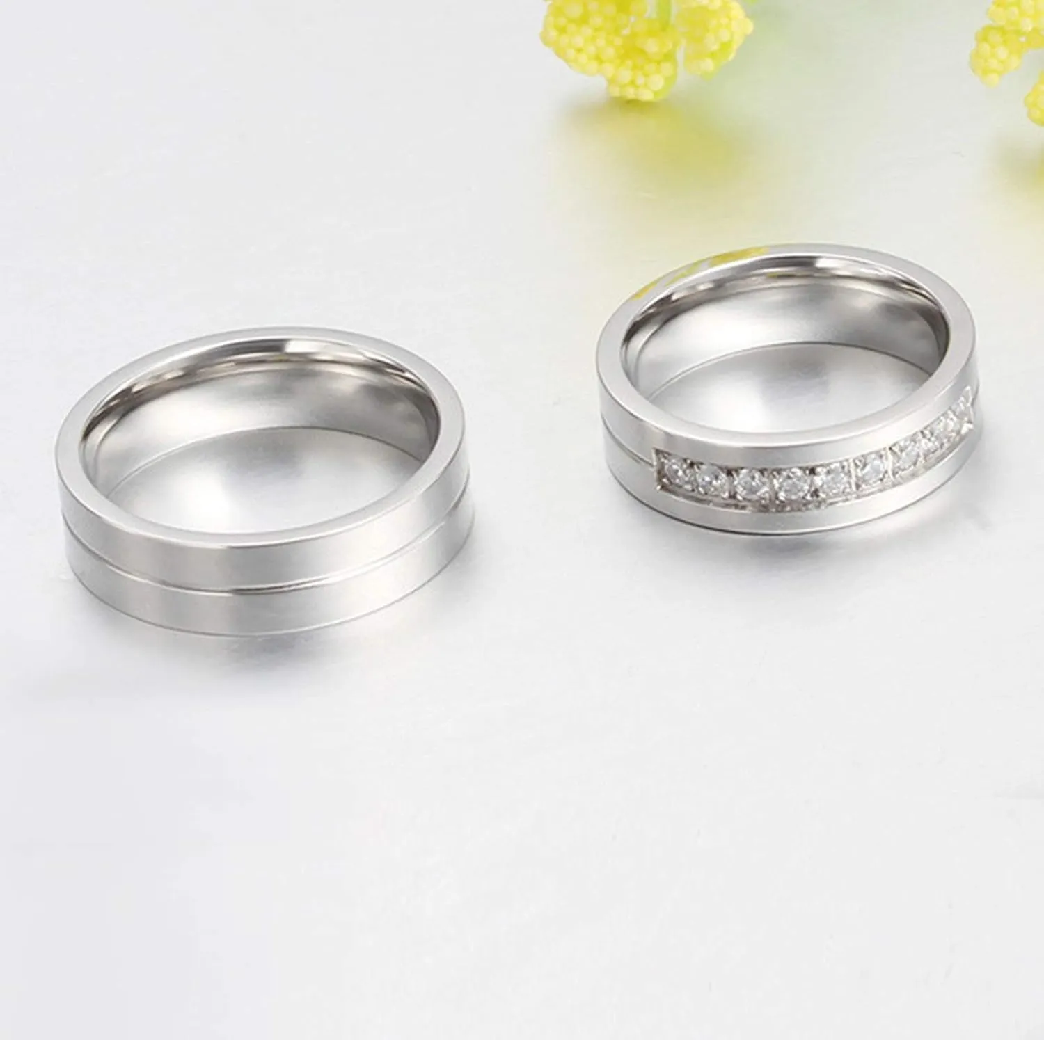 KnSam Couple Ring Set Wedding Ring Stainless Steel Simple Comfort Fit White Zircon Silver Ring Size 5-13